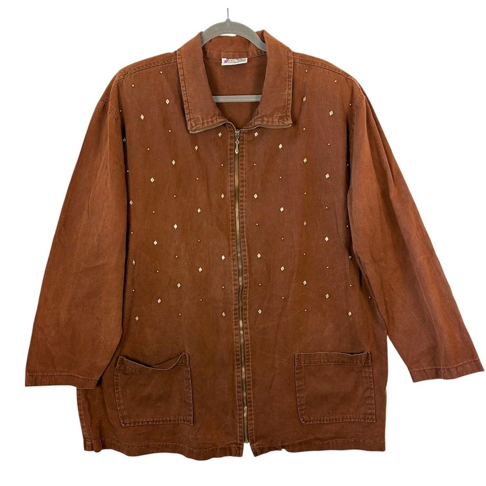 Monique‎ Fashions Vintage 90s Brown Embellished Zip Up Utility Jacket Women's 2X